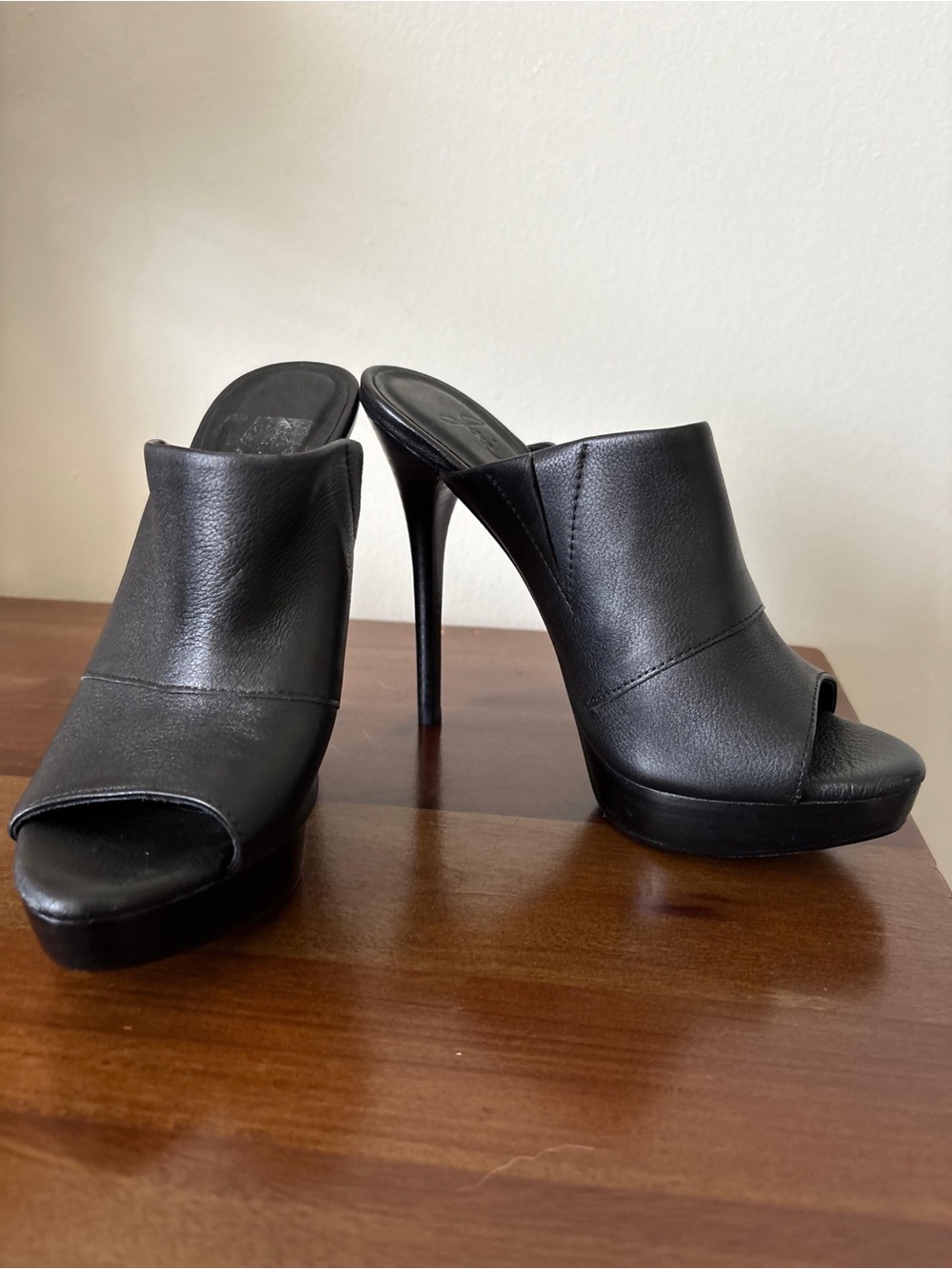 Joie Black Leather Peep-Toe Stiletto Mules